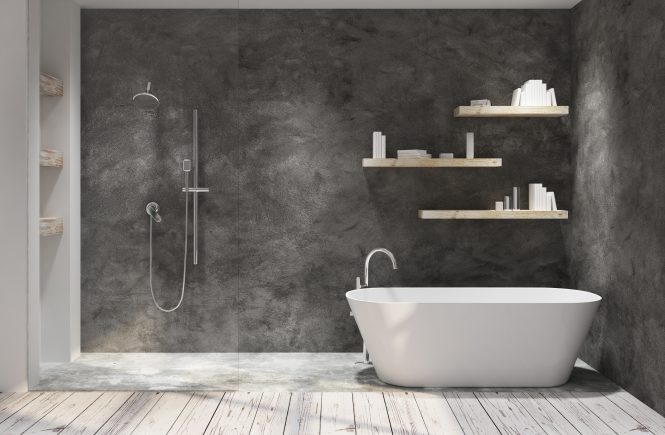 Dark bathroom interior with decorative objects. Style and design concept. 3D Rendering
